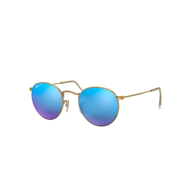 Ray-Ban Round Flash Lenses Sunglasses Gold Frame Blue Lenses Polarized 50-21