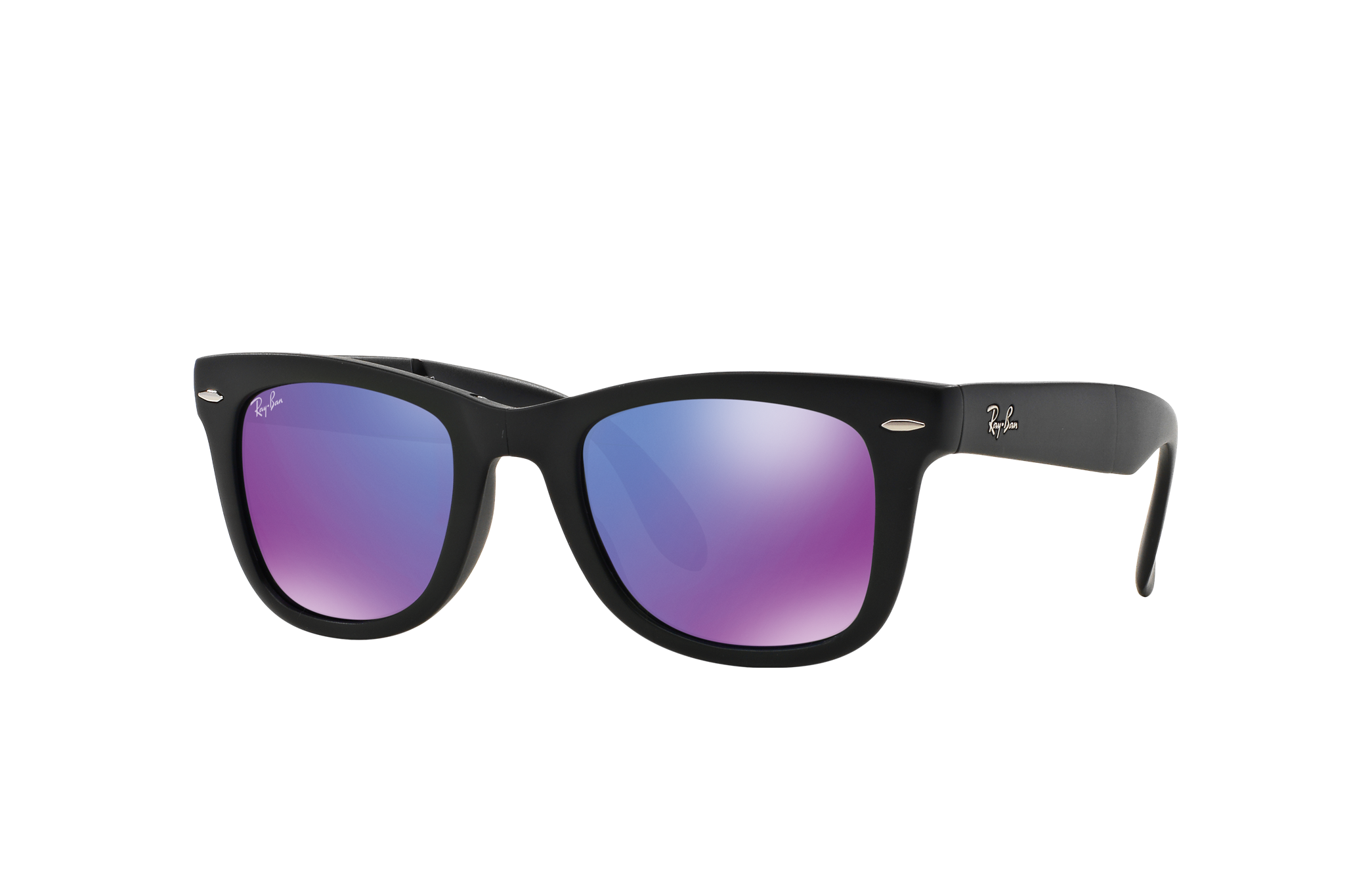 ray ban folding wayfarers rb4105 in matte black and violet mirror