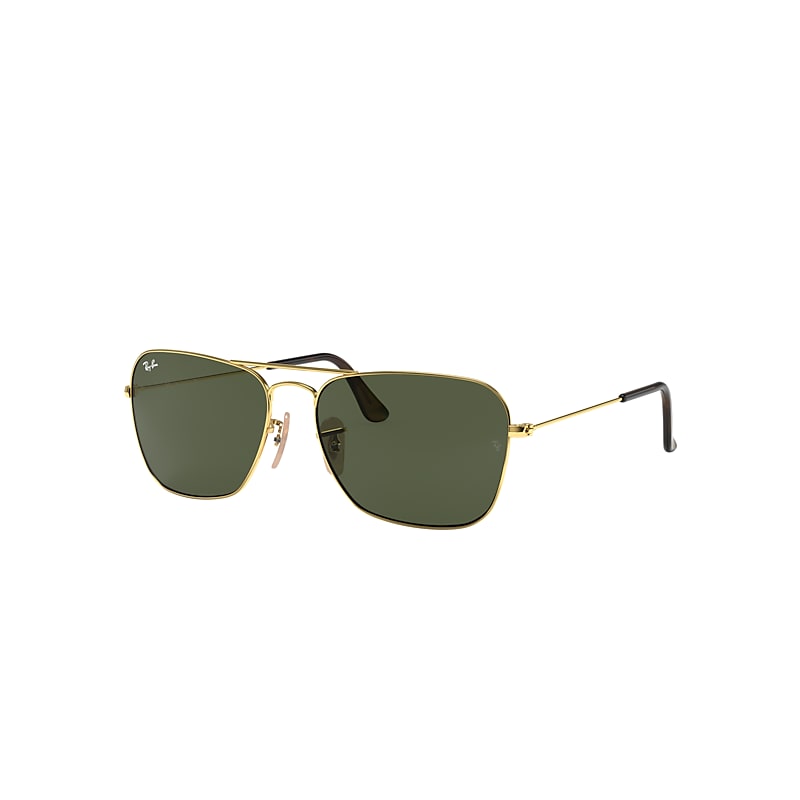 Ray-Ban Caravan Sunglasses Gold Frame Green Lenses 58-15