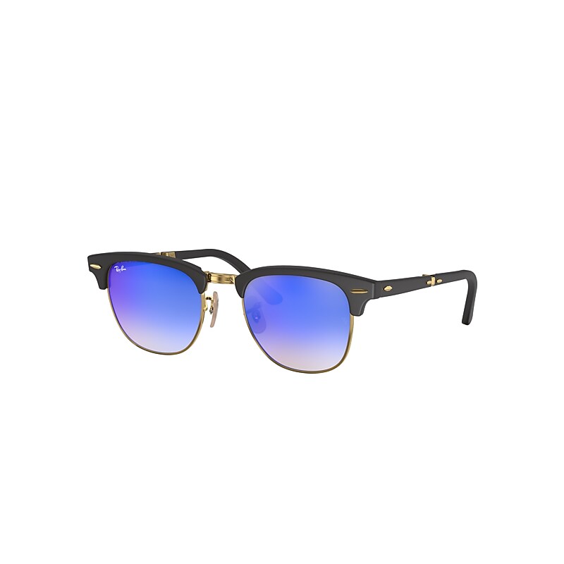 Ray-Ban Clubmaster Folding Flash Lenses Gradient Sunglasses Gold Frame Blue Lenses 51-21