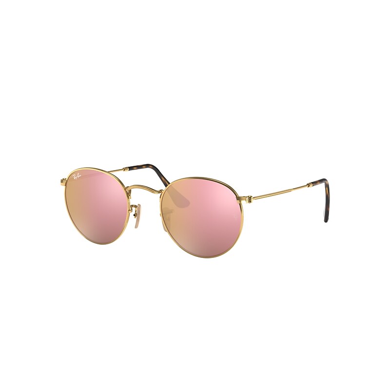 Ray-Ban Round Flat Lenses Sunglasses Gold Frame Pink Lenses 50-21