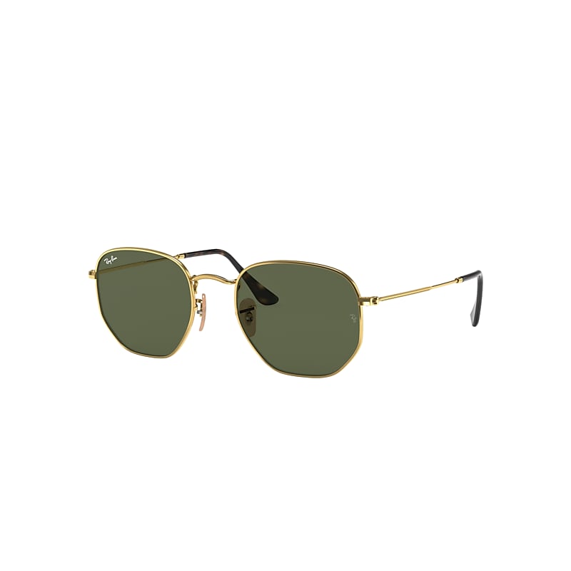 Ray-Ban Hexagonal Flat Lenses Sunglasses Gold Frame Green Lenses 48-21