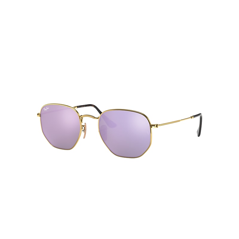 Ray-Ban Hexagonal Flat Lenses Sunglasses Gold Frame Violet Lenses 51-21