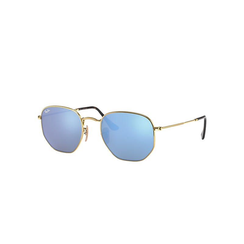Ray-Ban Hexagonal Flat Lenses Sunglasses Gold Frame Blue Lenses 48-21