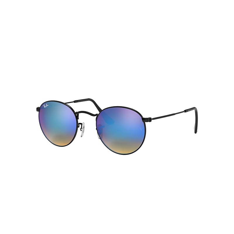 Ray-Ban Round Flash Lenses Gradient Sunglasses Black Frame Blue Lenses 53-21