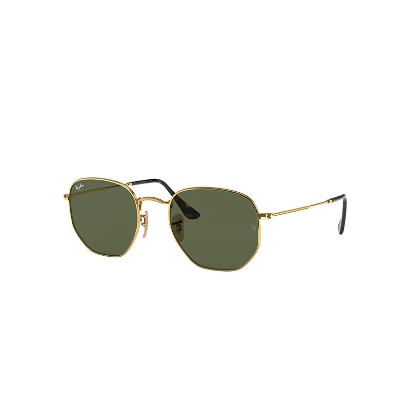 Ray-Ban Hexagonal Flat Lenses Sunglasses Gold Frame Green Lenses 54-21
