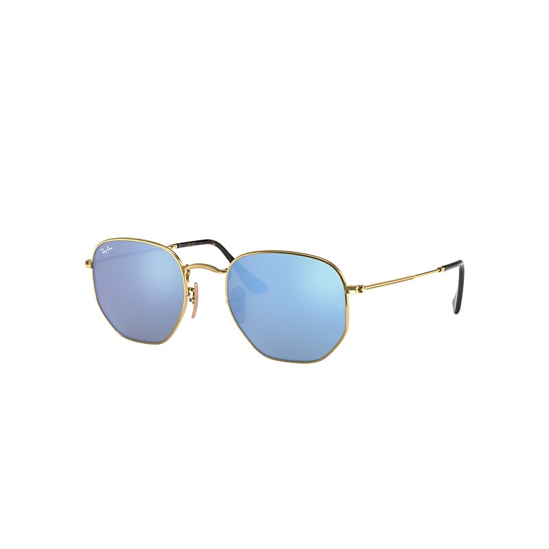 Ray-Ban Hexagonal Flat Lenses Sunglasses Gold Frame Blue Lenses 54-21