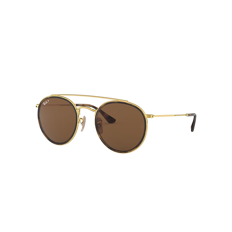 Ray-Ban Round Double Bridge Sunglasses Gold Frame Brown Lenses Polarized 51-22