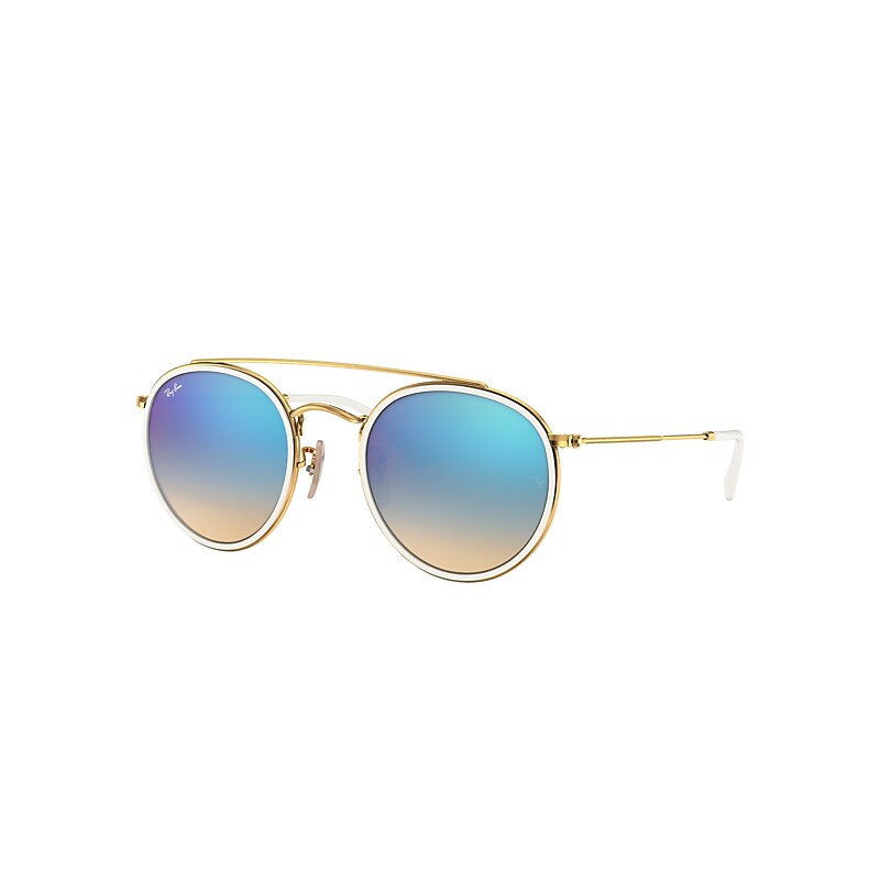 Ray-Ban Round Double Bridge Sunglasses Gold Frame Blue Lenses 51-22