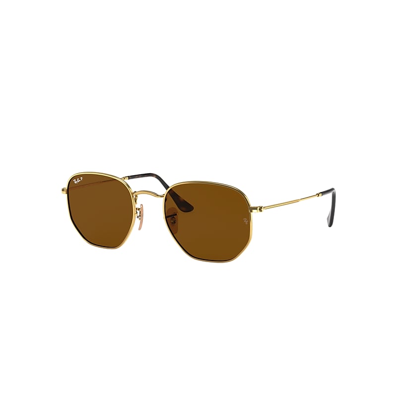 Ray-Ban Hexagonal Flat Lenses Sunglasses Gold Frame Brown Lenses Polarized 51-21