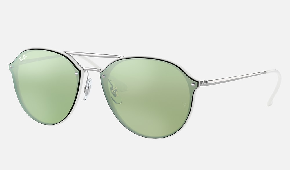 Blaze Double Bridge Sunglasses in White and Dark Green/Silver 