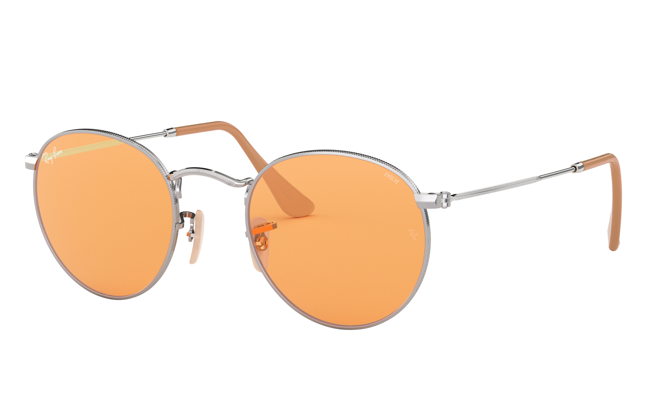 Round Washed Evolve Sunglasses in Silver and Orange Photochromic | Ray-Ban®
