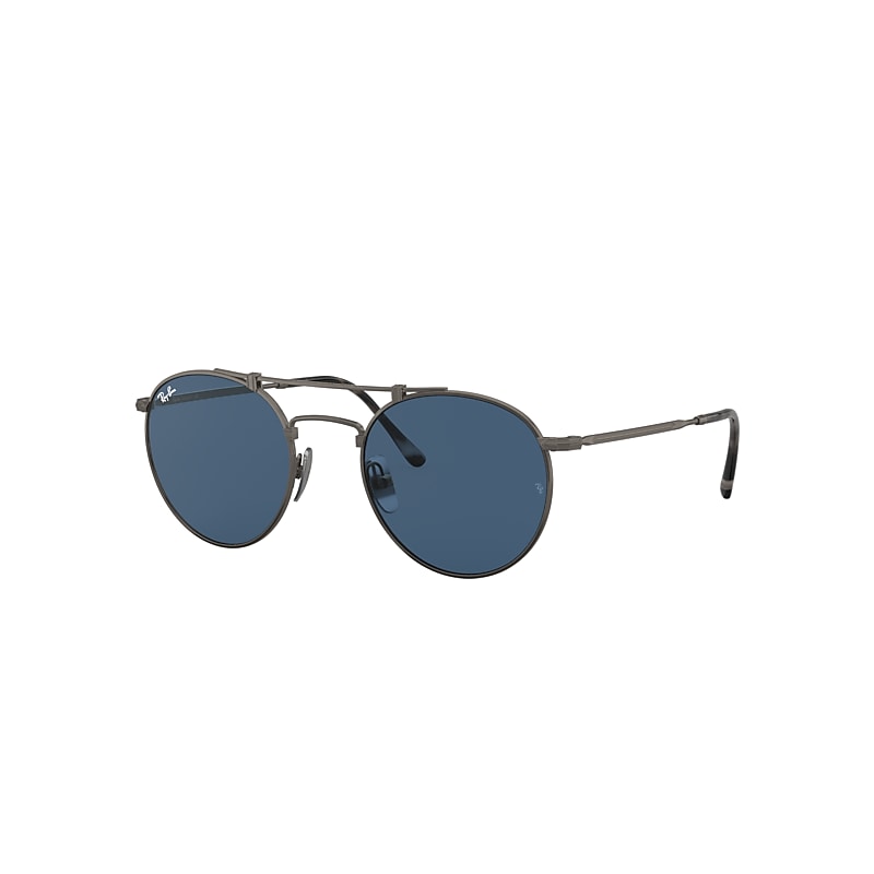 Ray-Ban Round Double Bridge Titanium Sunglasses Pewter Frame Blue Lenses 50-21