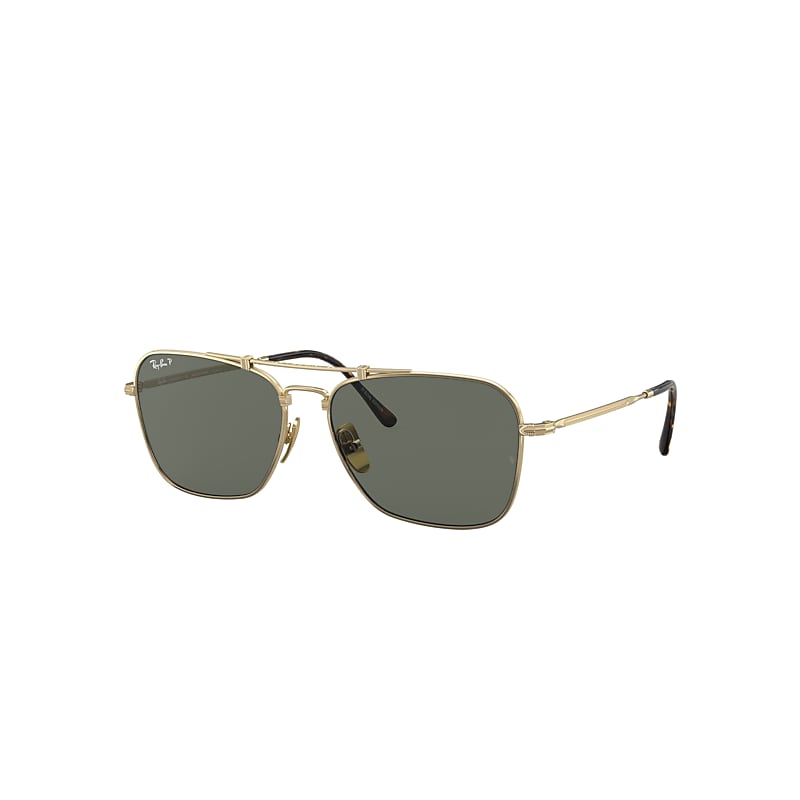 Ray-Ban Caravan Titanium Sunglasses Gold Frame Green Lenses Polarized 58-15