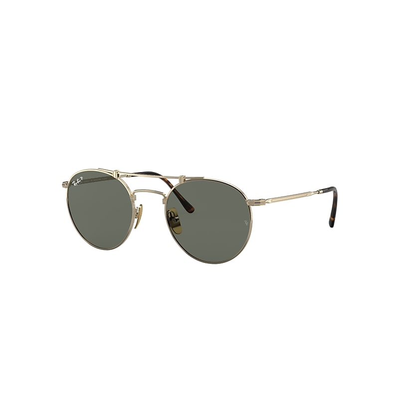 Ray-Ban Round Double Bridge Titanium Sunglasses Gold Frame Green Lenses Polarized 50-21