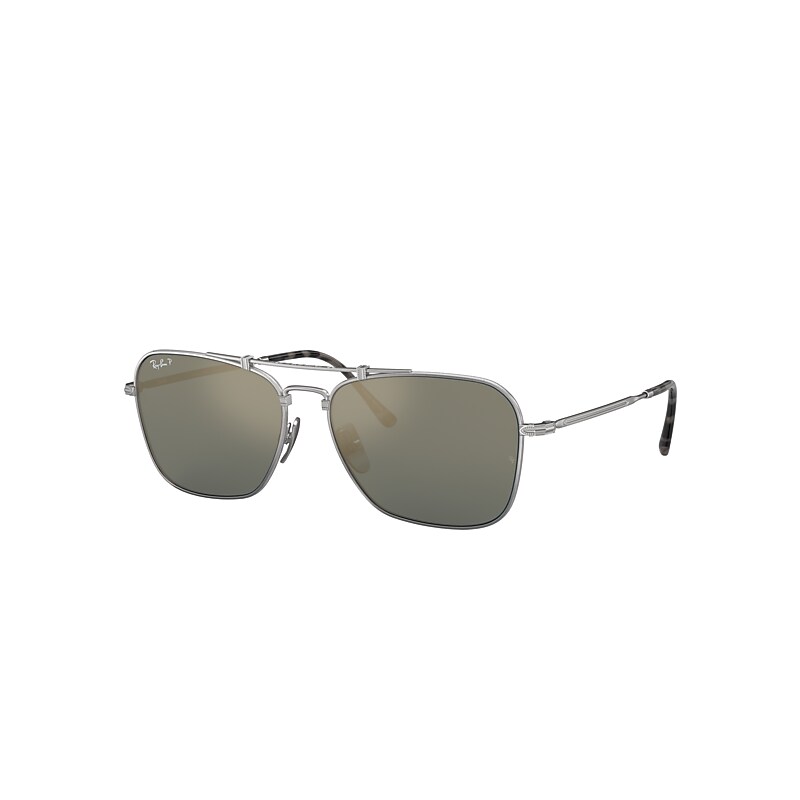 Ray-Ban Caravan Titanium Sunglasses Silver Frame Blue Lenses Polarized 58-15
