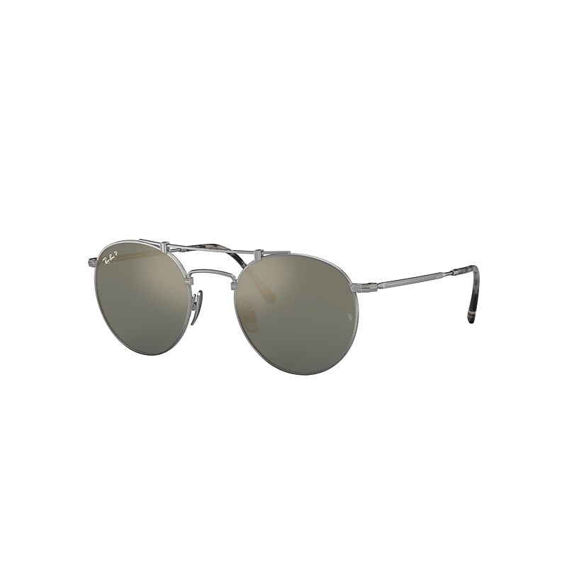 Ray-Ban Round Double Bridge Titanium Sunglasses Silver Frame Blue Lenses Polarized 50-21