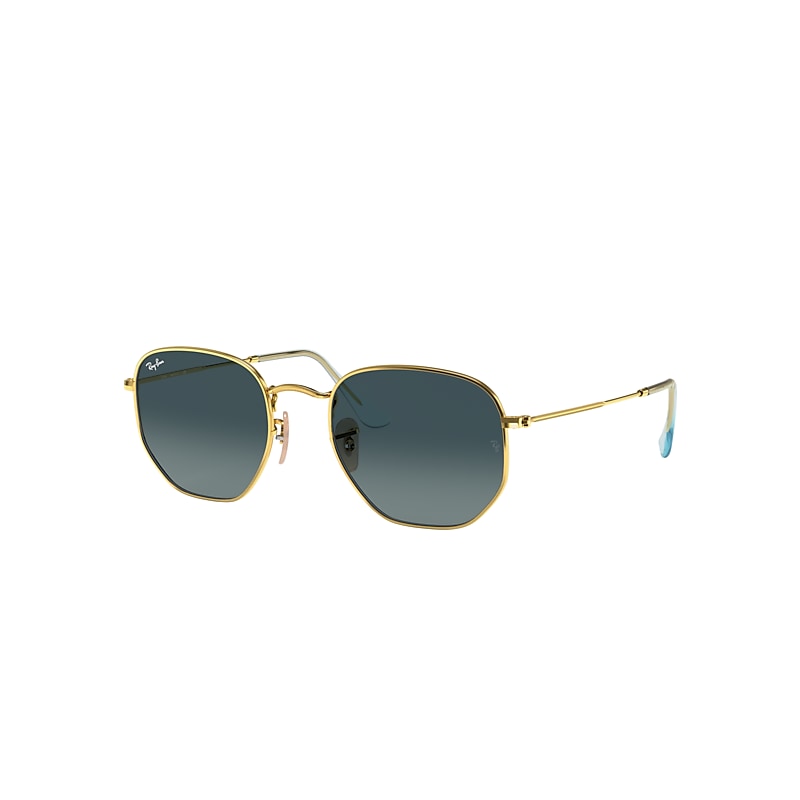 Ray-Ban Hexagonal Flat Lenses Sunglasses Gold Frame Blue Lenses 54-21