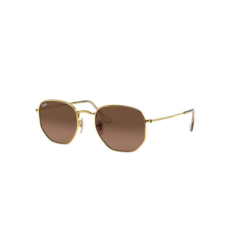 Ray-Ban Hexagonal Flat Lenses Sunglasses Gold Frame Brown Lenses 54-21