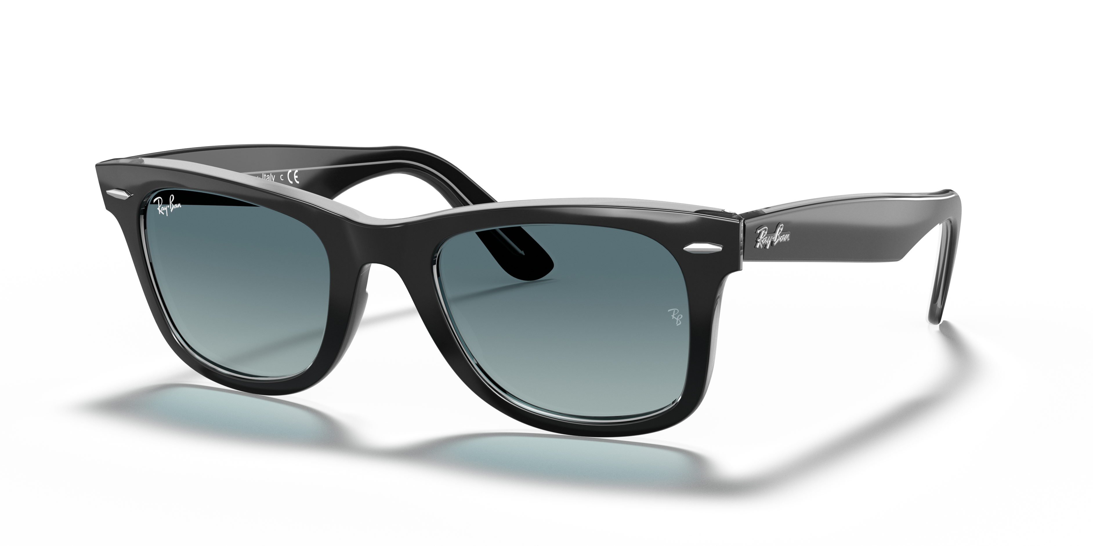 black ray bans with blue lenses