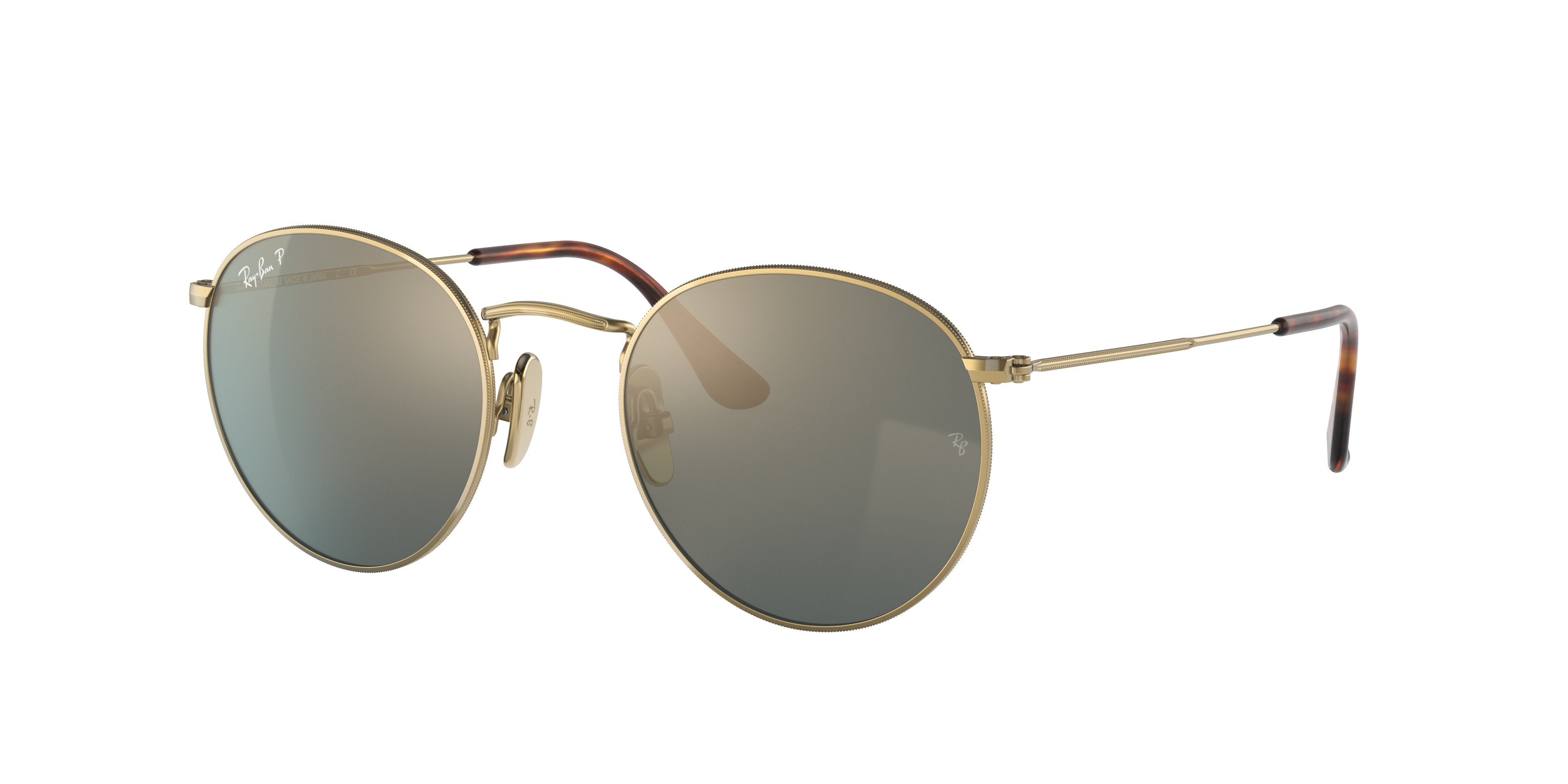 Ray Ban Round Titanium Sunglasses Gold Frame Blue Lenses Polarized 50-21