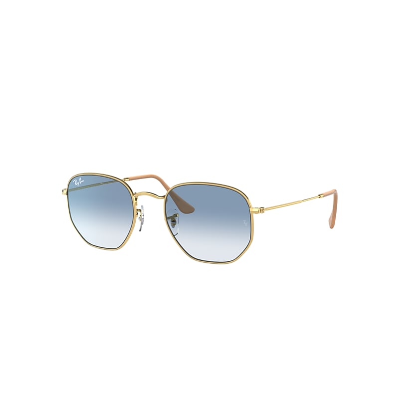 Ray Ban Hexagonal Sunglasses Gold Frame Blue Lenses 54-21