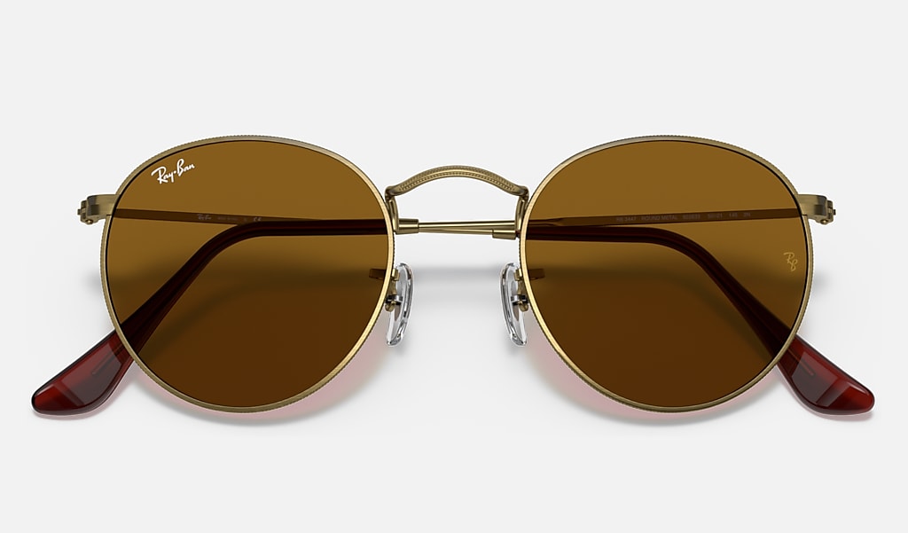 Round Metal Antiqued Sunglasses in Antique Gold and Brown | Ray-Ban®