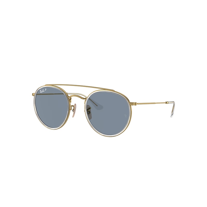 Ray Ban Sunglasses Unisex Round Double Bridge - Gold Frame Blue Lenses Polarized 51-22 In Gold