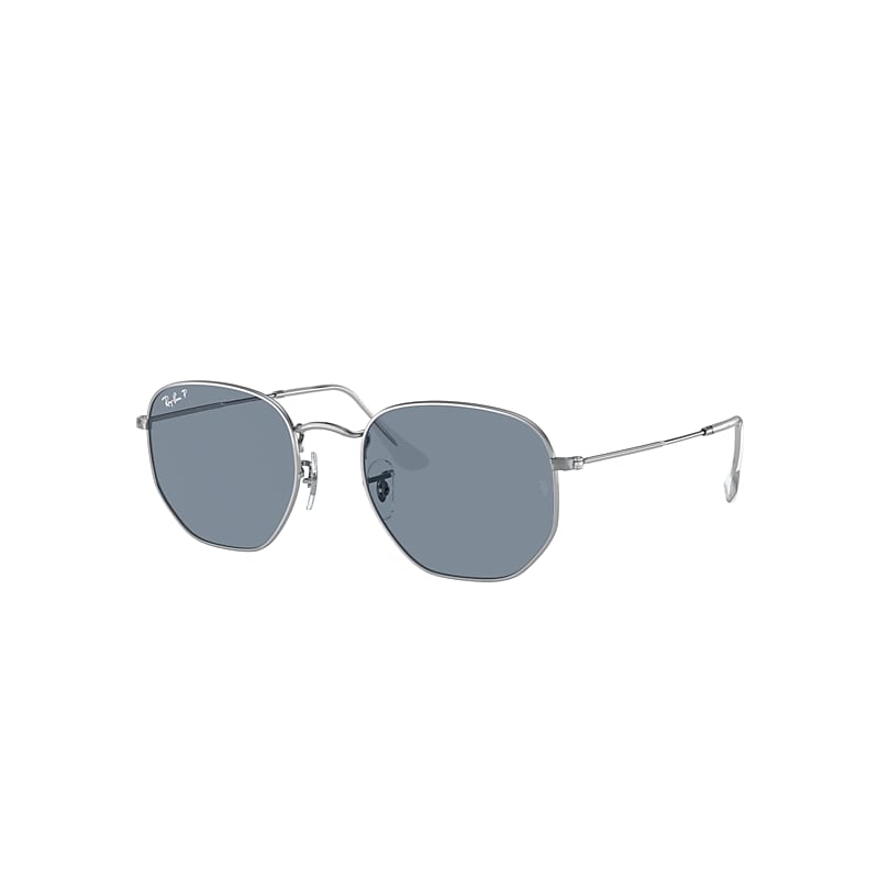 Ray Ban Sunglasses Unisex Hexagonal Flat Lenses - Silver Frame Blue Lenses Polarized 54-21 In Silver